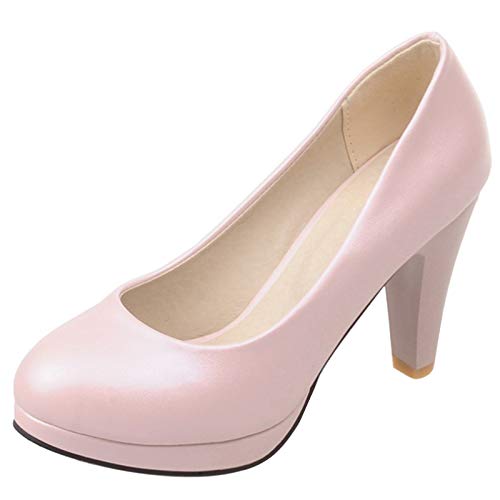 Bviennic Damen Formal Höhe Ferse Ohne Verschluss Closed Toe Pumps Arbeit Kleid Blockabsatz Bride Hochzeit Schuhe Runde Zehen Pink Gr 45 Eu-47Cn von Bviennic