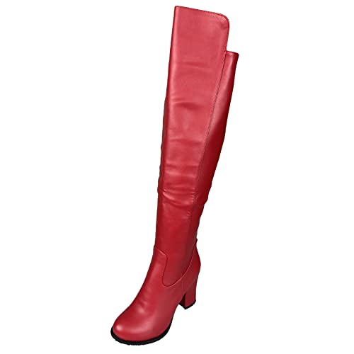 Bviennic Damen Herren Blockabsatz Stylish Overknees Reitstiefel Winter Warm Abend Höhe Ferse Party Kleid Reißverschluss Boots Mode Rot Gr 47 EU-49Cn von Bviennic