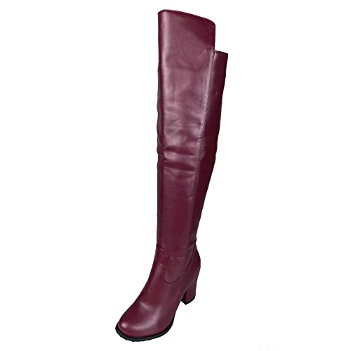 Bviennic Damen Herren Blockabsatz Stylish Overknees Reitstiefel Winter Warm Abend Höhe Ferse Party Kleid Reißverschluss Boots Mode Rotwein Gr 42 EU-44Cn von Bviennic