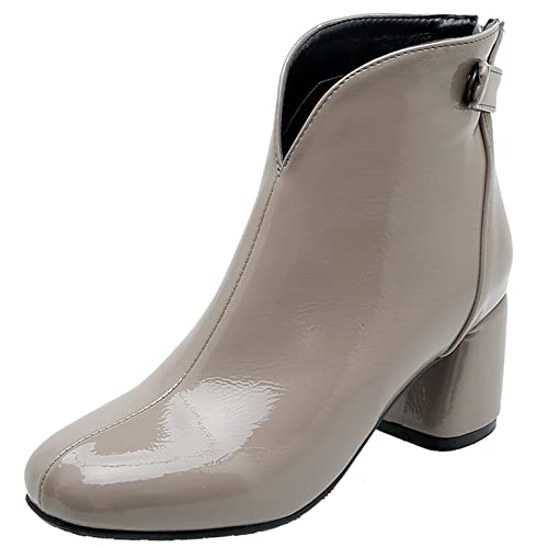 Bviennic Damen Herren Mode Lack Chelsea Stiefeletten Blockabsatz Buro Arbeit Kleid Runde Zehen Warm Stylish Abend Stiefeletten Reißverschluss Grau Gr 36.5 EU-37Cn von Bviennic