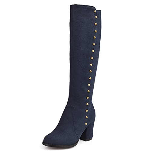 Bviennic Damen Herren Winter Knee Reitstiefel Blockabsatz Runde Zehen Klassischer Leisure Equestrian Stylish Chunky Boots Blau Gr 40 EU-41Cn von Bviennic