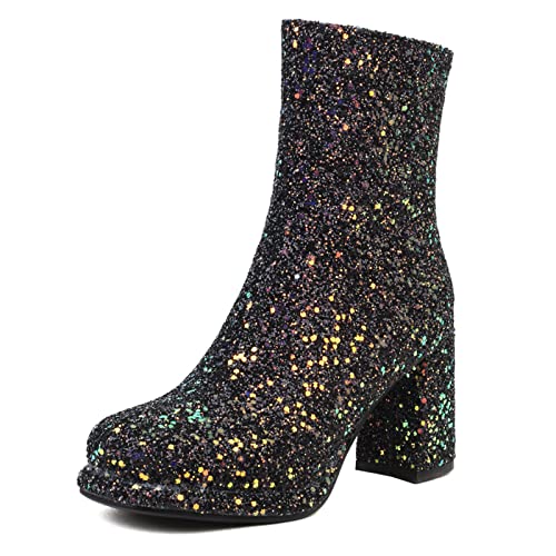 Bviennic Damen Hochzeit Blockabsatz Chelsea Stiefel Sequins Warm Kleid Schuhe Elegant Party Plateau Ankle Stiefeletten Mode Schwarz Gr 36 Eu von Bviennic