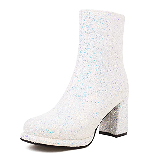 Bviennic Damen Hochzeit Blockabsatz Chelsea Stiefel Sequins Warm Kleid Schuhe Elegant Party Plateau Ankle Stiefeletten Mode Weiß Gr 37 EU-38Cn von Bviennic