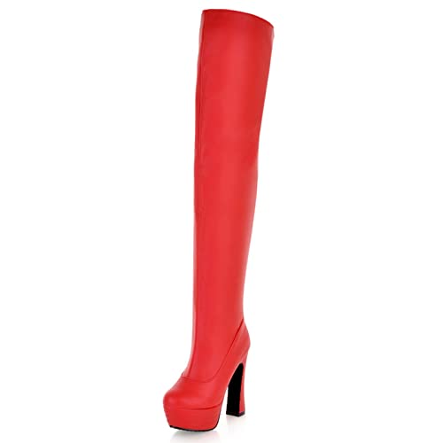 Bviennic Damen Höhe Ferse Plateau Overknees Herren Abend Boots Stylish Thigh Nightclub Prom Stratch Reitstiefel Rot Gr 51 EU-53Cn von Bviennic