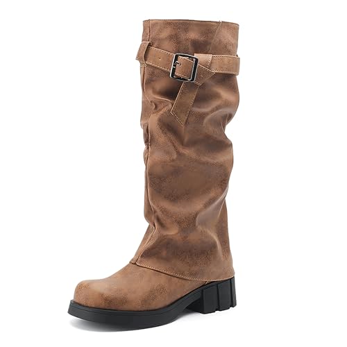 Bviennic Damen Hohe Stiefel Block Mitte Absatz Leisure Runde Zehen Ohne Verschluss Slouch 2248 Gelb Gr 41 EU/43Cn von Bviennic