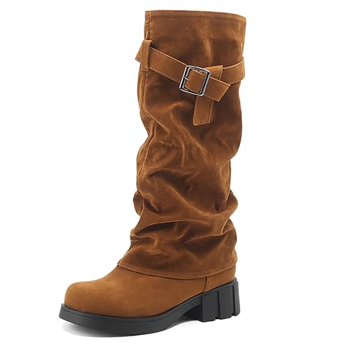 Bviennic Damen Hohe Stiefel Block Mitte Absatz Leisure Runde Zehen Ohne Verschluss Slouch 2249 Braun Gr 35 EU von Bviennic