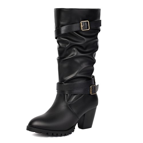 Bviennic Damen Hohe Stiefel Block Mitte Absatz Leisure Runde Zehen Ohne Verschluss Slouch 2326 Schwarz-P Gr 43 EU/45Cn von Bviennic