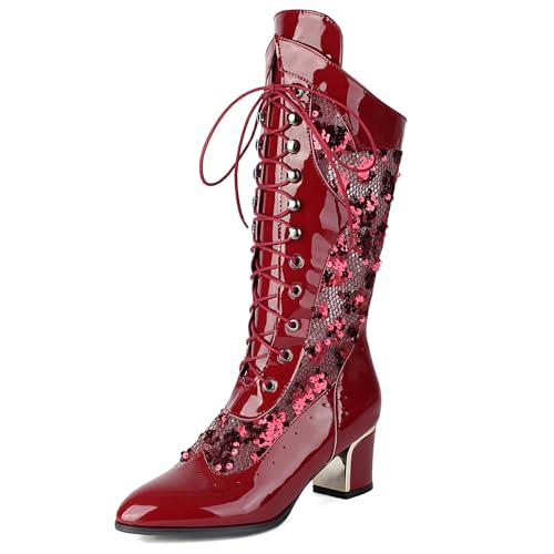 Bviennic Damen Hohe Stiefel Block Mitte Absatz Mode Pointed Toe Schnüren Party 2482 Rot Gr 34 EU von Bviennic