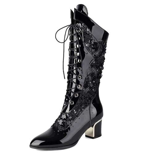 Bviennic Damen Hohe Stiefel Block Mitte Absatz Mode Pointed Toe Schnüren Party 2482 Schwarz Gr 38 EU/39Cn von Bviennic