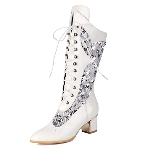 Bviennic Damen Hohe Stiefel Block Mitte Absatz Mode Pointed Toe Schnüren Party 2482 Weiß Gr 35 EU von Bviennic