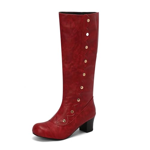 Bviennic Damen Hohe Stiefel Block Mitte Absatz Mode Runde Zehen Ohne Verschluss Daily 2273 Rot Gr 36.5 EU/37Cn von Bviennic