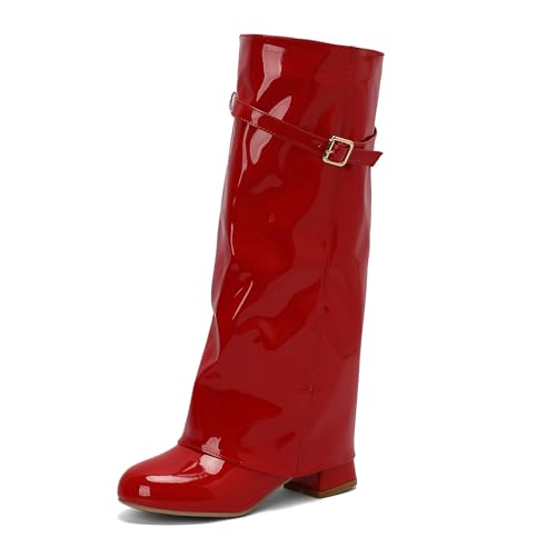 Bviennic Damen Hohe Stiefel Block Mitte Absatz Mode Runde Zehen Ohne Verschluss Party 2211 Rot-Ml Gr 36.5 EU/37Cn von Bviennic