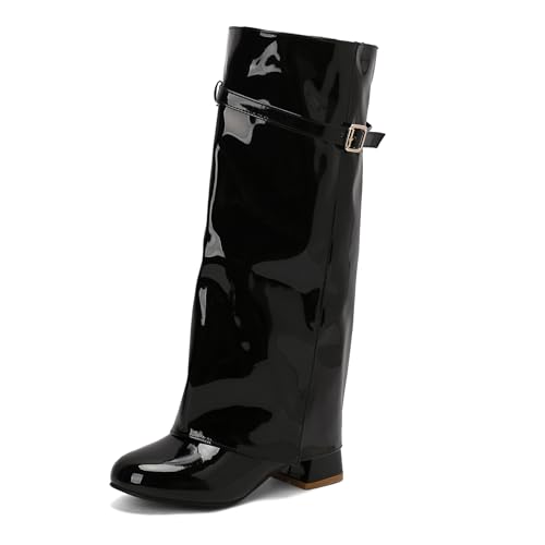 Bviennic Damen Hohe Stiefel Block Mitte Absatz Mode Runde Zehen Ohne Verschluss Party 2211 Schwarz-Ml Gr 37 EU/38Cn von Bviennic