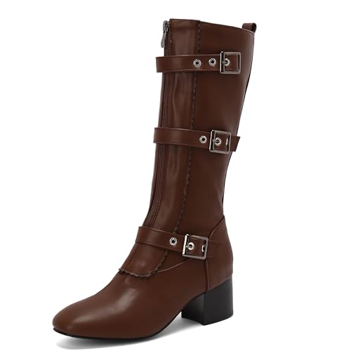 Bviennic Damen Hohe Stiefel Block Mitte Absatz Retro Square Toe Ohne Verschluss Riding 2182 Braun Gr 48 EU/50Cn von Bviennic