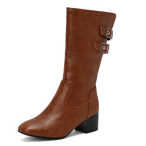 Bviennic Damen Hohe Stiefel Block Mitte Absatz Solid Runde Zehen Zip Riding 2183 Braun Gr 47 EU/49Cn von Bviennic