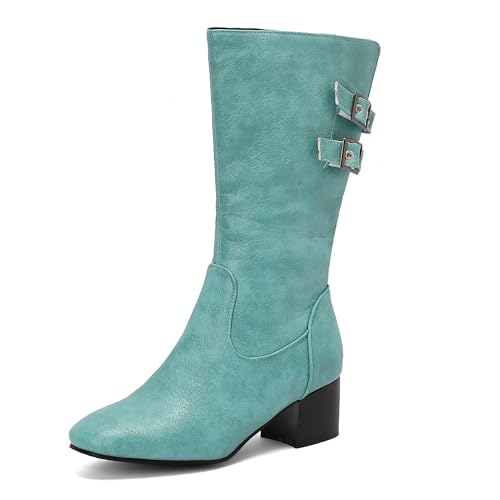 Bviennic Damen Hohe Stiefel Block Mitte Absatz Solid Runde Zehen Zip Riding 2183 Grün Gr 40.5 EU/42Cn von Bviennic
