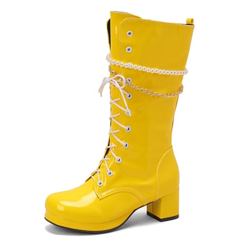 Bviennic Damen Hohe Stiefel Block Mitte Absatz mit Plateau Mode Runde Zehen Zip Party 2467 Gelb Gr 37 EU/38Cn von Bviennic