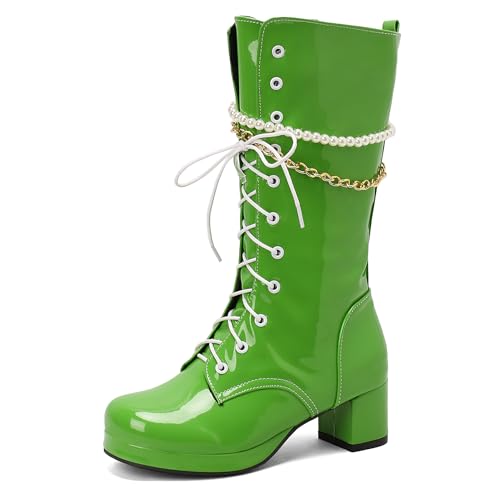 Bviennic Damen Hohe Stiefel Block Mitte Absatz mit Plateau Mode Runde Zehen Zip Party 2467 Grün Gr 32 EU/31Cn von Bviennic