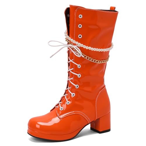 Bviennic Damen Hohe Stiefel Block Mitte Absatz mit Plateau Mode Runde Zehen Zip Party 2467 Orange Gr 41 EU/43Cn von Bviennic