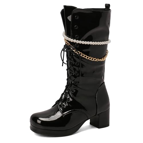 Bviennic Damen Hohe Stiefel Block Mitte Absatz mit Plateau Mode Runde Zehen Zip Party 2467 Schwarz Gr 38 EU/39Cn von Bviennic