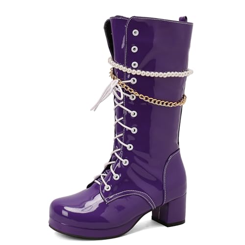 Bviennic Damen Hohe Stiefel Block Mitte Absatz mit Plateau Mode Runde Zehen Zip Party 2467 Violett Gr 43 EU/45Cn von Bviennic