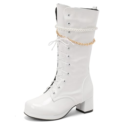 Bviennic Damen Hohe Stiefel Block Mitte Absatz mit Plateau Mode Runde Zehen Zip Party 2467 Weiß Gr 38 EU/39Cn von Bviennic