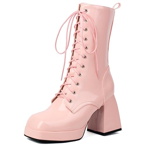 Bviennic Damen Hohe Stiefel Chunky Höhe Ferse mit Plateau Mode Square Toe Schnüren Party 2444 Pink Gr 38 EU/39Cn von Bviennic