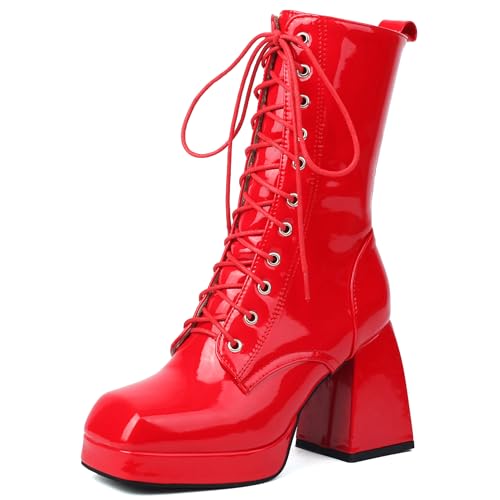 Bviennic Damen Hohe Stiefel Chunky Höhe Ferse mit Plateau Mode Square Toe Schnüren Party 2444 Rot Gr 44 EU/46Cn von Bviennic