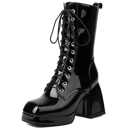 Bviennic Damen Hohe Stiefel Chunky Höhe Ferse mit Plateau Mode Square Toe Schnüren Party 2444 Schwarz Gr 40 EU/41Cn von Bviennic