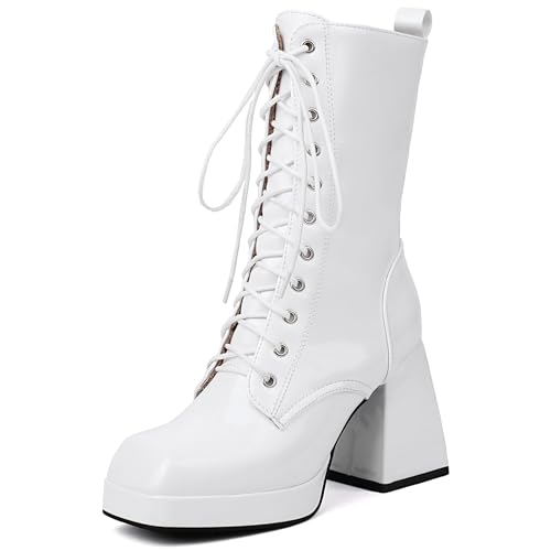 Bviennic Damen Hohe Stiefel Chunky Höhe Ferse mit Plateau Mode Square Toe Schnüren Party 2444 Weiß Gr 40.5 EU/42Cn von Bviennic