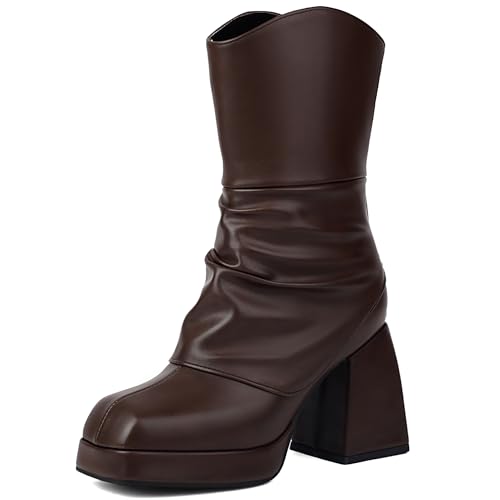 Bviennic Damen Hohe Stiefel Chunky Höhe Ferse mit Plateau Mode Square Toe Zip Daily 2439 Braun Gr 37 EU/38Cn von Bviennic