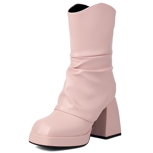 Bviennic Damen Hohe Stiefel Chunky Höhe Ferse mit Plateau Mode Square Toe Zip Daily 2439 Pink Gr 40.5 EU/42Cn von Bviennic