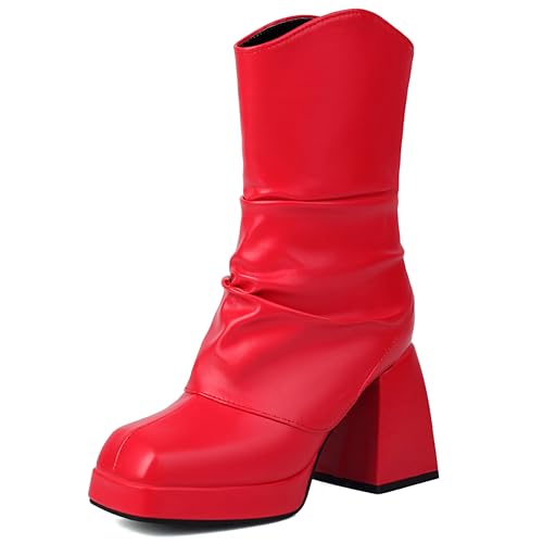 Bviennic Damen Hohe Stiefel Chunky Höhe Ferse mit Plateau Mode Square Toe Zip Daily 2439 Rot Gr 36 EU von Bviennic