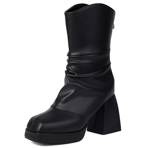 Bviennic Damen Hohe Stiefel Chunky Höhe Ferse mit Plateau Mode Square Toe Zip Daily 2439 Schwarz Gr 38 EU/39Cn von Bviennic
