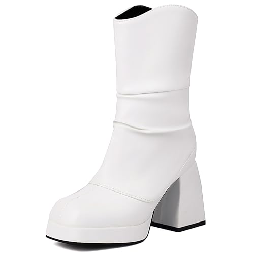 Bviennic Damen Hohe Stiefel Chunky Höhe Ferse mit Plateau Mode Square Toe Zip Daily 2439 Weiß Gr 35 EU von Bviennic