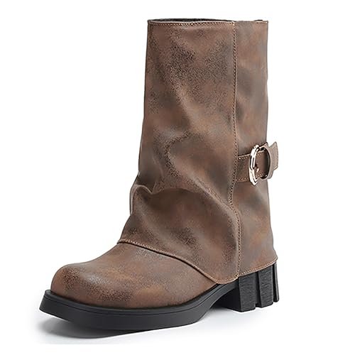 Bviennic Damen Hohe Stiefel Chunky Mitte Absatz mit Plateau Komfort Runde Zehen Ohne Verschluss Party 2390 Dark-Braun Gr 34 EU von Bviennic