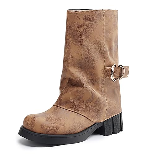 Bviennic Damen Hohe Stiefel Chunky Mitte Absatz mit Plateau Komfort Runde Zehen Ohne Verschluss Party 2390 Light-Braun Gr 36 EU von Bviennic