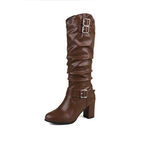 Bviennic Damen Hohe Stiefel Hohen Blockabsatz Klassische Runde Zehen Zip Party 2267 Braun Gr 40 EU/41Cn von Bviennic