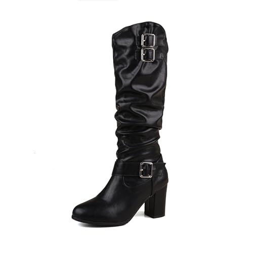 Bviennic Damen Hohe Stiefel Hohen Blockabsatz Klassische Runde Zehen Zip Party 2267 Schwarz Gr 33.5 EU/33Cn von Bviennic