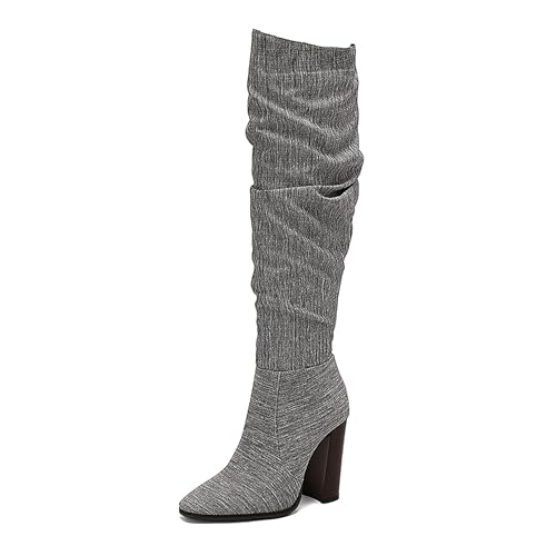 Bviennic Damen Hohe Stiefel Hohen Blockabsatz Leisure Pointed Toe Zip Slouch 2251 Grau Gr 38 EU/39Cn von Bviennic