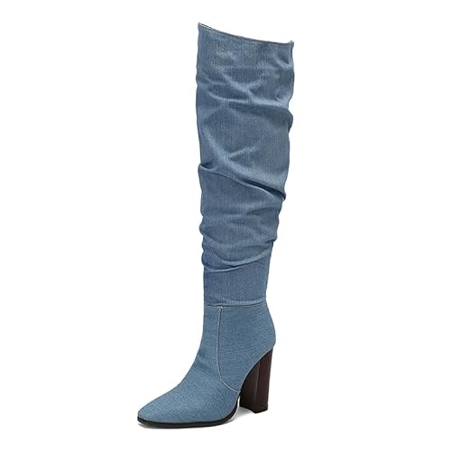 Bviennic Damen Hohe Stiefel Hohen Blockabsatz Leisure Pointed Toe Zip Slouch 2251 Light-Blau Gr 39 EU/40Cn von Bviennic