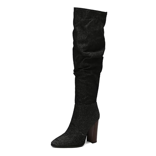 Bviennic Damen Hohe Stiefel Hohen Blockabsatz Leisure Pointed Toe Zip Slouch 2251 Schwarz-Bm Gr 36.5 EU/37Cn von Bviennic