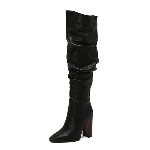 Bviennic Damen Hohe Stiefel Hohen Blockabsatz Leisure Pointed Toe Zip Slouch 2251 Schwarz-P Gr 43 EU/45Cn von Bviennic