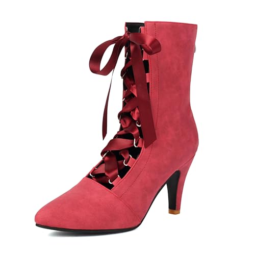 Bviennic Damen Hohe Stiefel Hohen Blockabsatz Mode Pointed Toe Schnüren Party Stiefeletten 2377 Rot Gr 41 EU/43Cn von Bviennic
