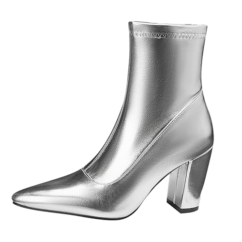 Bviennic Damen Hohe Stiefel Hohen Blockabsatz Mode Pointed Toe Zip Abend Stiefeletten 2477 Silber Gr 38 EU/39Cn von Bviennic