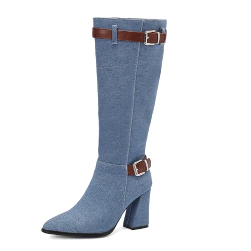 Bviennic Damen Hohe Stiefel Hohen Blockabsatz Mode Pointed Toe Zip Denim 2226 Blau Gr 46 EU/48Cn Bviennic Damen Hohe Stiefel Hohen Blockabsatz Mode Pointed Toe Zip Denim 2226 Blau Gr 46 EU/48Cn von Bviennic