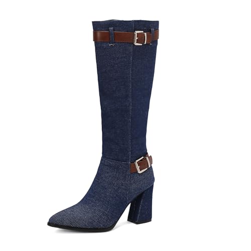 Bviennic Damen Hohe Stiefel Hohen Blockabsatz Mode Pointed Toe Zip Denim 2226 Dark-Blau Gr 37 EU/38Cn Bviennic Damen Hohe Stiefel Hohen Blockabsatz Mode Pointed Toe Zip Denim 2226 Dark-Blau Gr 37 EU/38Cn von Bviennic