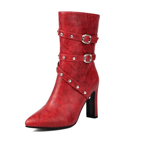 Bviennic Damen Hohe Stiefel Hohen Blockabsatz Mode Pointed Toe Zip Party Stiefeletten 2378 Rot Gr 40.5 EU/42Cn von Bviennic