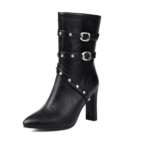 Bviennic Damen Hohe Stiefel Hohen Blockabsatz Mode Pointed Toe Zip Party Stiefeletten 2378 Schwarz Gr 37 EU/38Cn von Bviennic