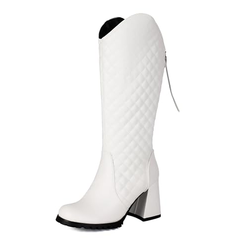 Bviennic Damen Hohe Stiefel Hohen Blockabsatz Mode Runde Zehen Zip Party 2338 Weiß Gr 46 EU/48Cn von Bviennic